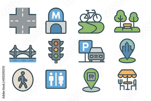 Urban city icons: transportation, park, restaurant, and utility symbols
