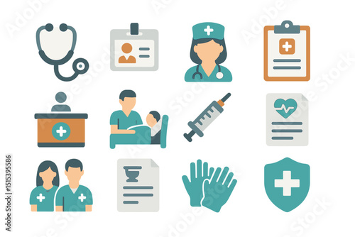 Healthcare icons set: stethoscope, nurse, doctor, syringe, medical forms
