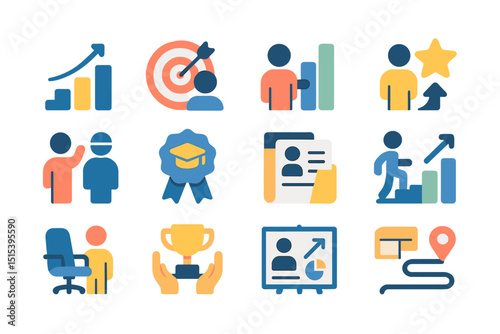 Business growth and success icons with people in various professional situations