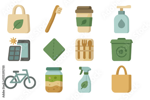 Eco-friendly lifestyle icons featuring reusable and sustainable products
