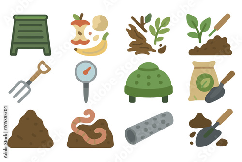 Gardening and composting tools and symbols on wooden background