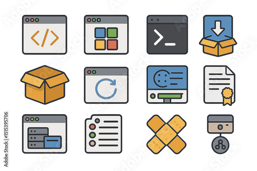 Colorful software development icons with code and updates