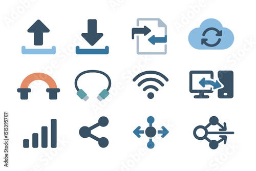 Glowing digital icons: cloud, wi-fi, download, sync, share in neon style