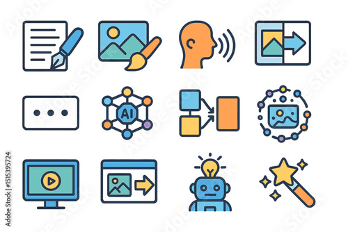 Colorful icon set depicting ai, voice, editing, and creative tools