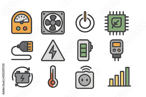 Energy and power icons featuring battery, plug, and circuit symbols