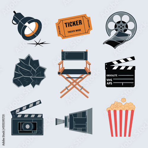 vector icons for cinema, Director's Chair , theatrical roles, video tape, cinema shattered spotlight, Theater Ticket
