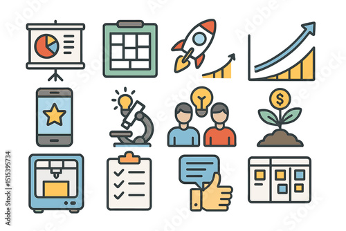 Business and innovation icons illustrating growth, teamwork, technology, and creativity