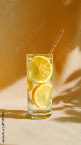 Refreshing Glass of Lemonade With Sliced Lemons and a Straw in Warm Sunlight