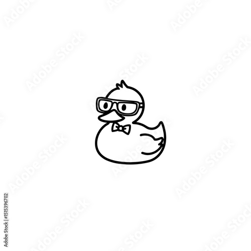 An illustration of a cute duck wearing eyeglasses and bow tie that appears intelligent and friendly. A minimalist drawing of a cute duck character.