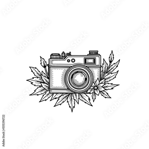 A vintage camera, artistically surrounded by an assortment of leaves, symbolizes photography in a photorealistic art form.
