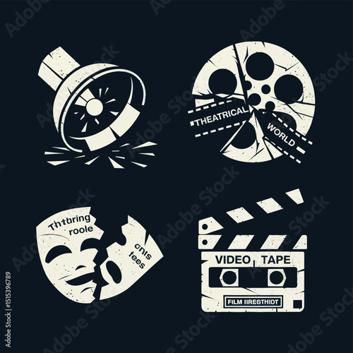vector icons for cinema, Director's Chair , theatrical roles, video tape, cinema shattered spotlight, Theater Ticket
