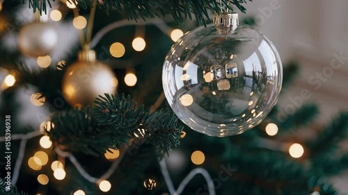 Woman decorating christmas tree with glass ornament at home