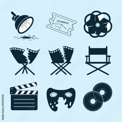 vector icons for cinema, Director's Chair , theatrical roles, video tape, cinema shattered spotlight, Theater Ticket
