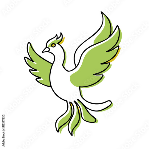 Green phoenix bird icon in flight flat style