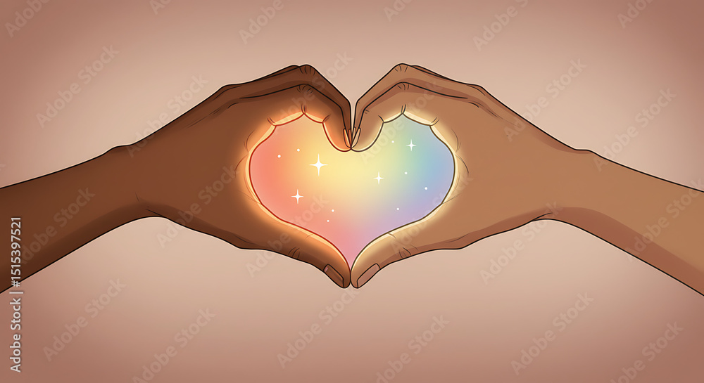 Fototapeta premium Hands forming heart shape with colorful glow in soft background message of unity, acceptance and love symbol of love and pride month