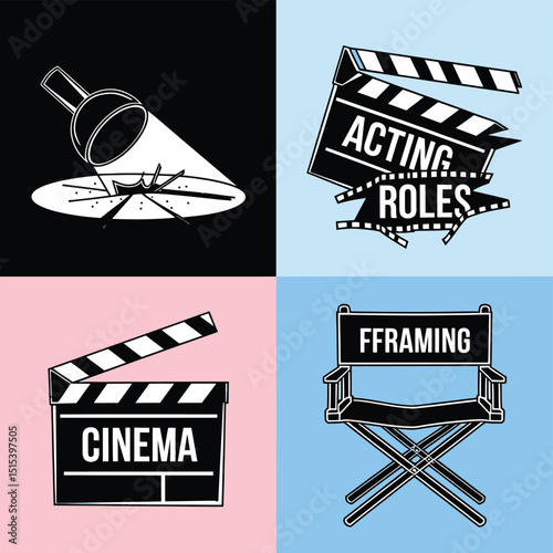vector icons for cinema, Director's Chair , theatrical roles, video tape, cinema shattered spotlight, Theater Ticket

