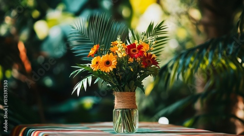 Dining Table Decorated With Vibrant Flowers and Elegant Tableware in a Lush G...