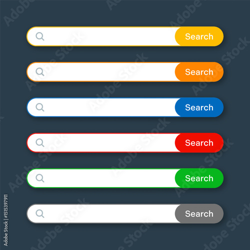 Various search bar templates. Internet browser engine with search box, address bar and text field. UI design, website interface element with web icons and push button. Vector illustration