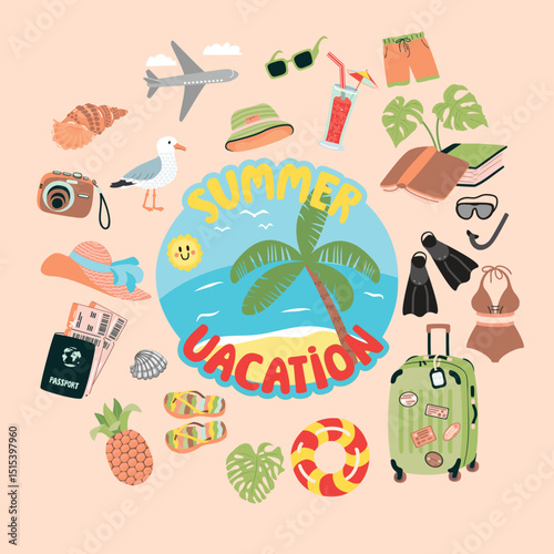 Summer vacation set of objects for travel and relaxation. Suitcase, swimsuit, hat, books, seagull, shells, fins and diving mask, sunglasses, camera,passport with tickets. Vector cartoon illustration