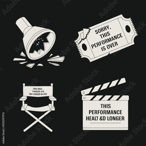 vector icons for cinema, Director's Chair , theatrical roles, video tape, cinema shattered spotlight, Theater Ticket
