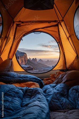 Morning View From a Cozy Camping Tent in a Scenic Desert Landscape at Sunrise