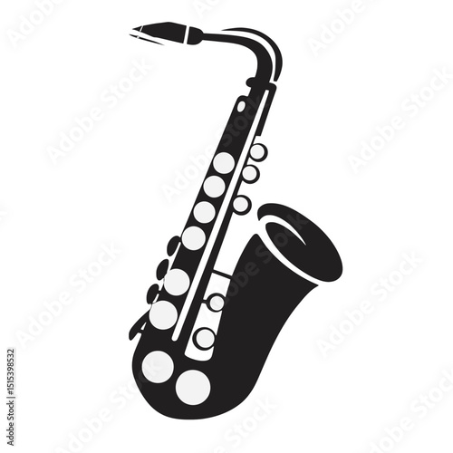 A black silhouette of a saxophone is prominently featured