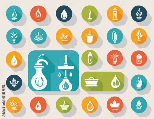 Vector Set of Water and Energy Saving Icons – Minimal Eco Design