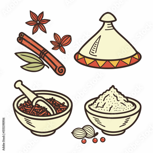Vector Icons of Traditional Moroccan Cooking Ingredients – Spices, Tagine, Couscous
