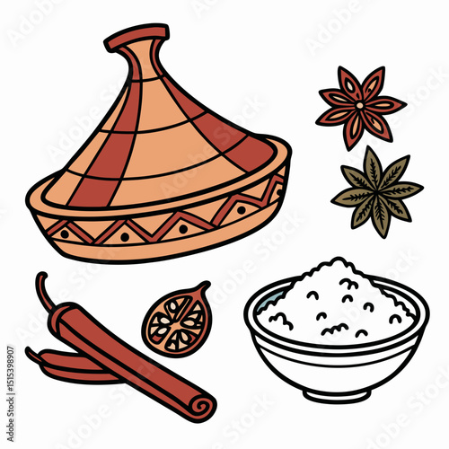 Vector Icons of Traditional Moroccan Cooking Ingredients – Spices, Tagine, Couscous