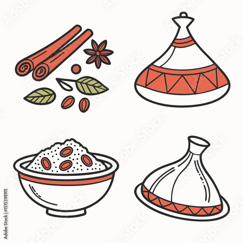 Vector Icons of Traditional Moroccan Cooking Ingredients – Spices, Tagine, Couscous