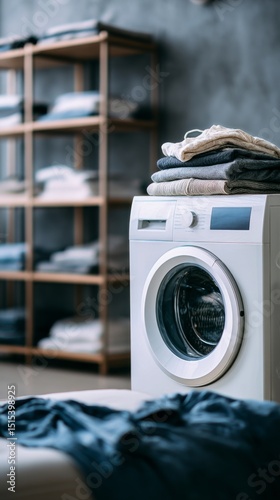 Washing Machine With Neatly Stacked Towels in Modern Laundry Room During Dayl...