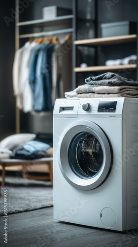 Neatly Folded Towels Stacked in Front of a Modern Washing Machine in a Clean ...