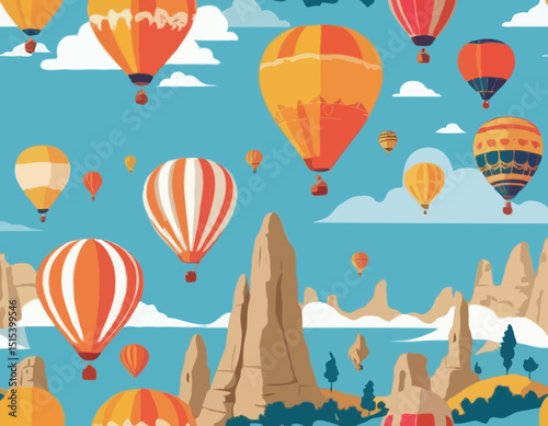 A dynamic vector scene of vibrant hot air balloons soaring over the iconic rock formations of Cappadocia, ideal for tourism, travel, or outdoor adventure concepts.