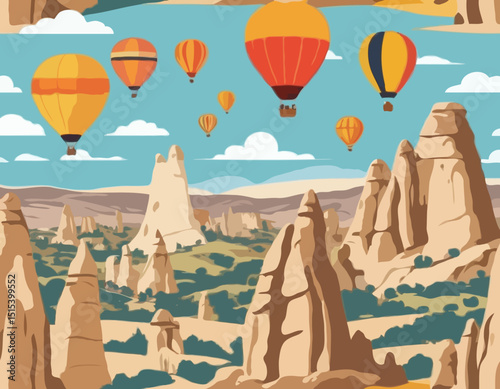 A dynamic vector scene of vibrant hot air balloons soaring over the iconic rock formations of Cappadocia, ideal for tourism, travel, or outdoor adventure concepts.