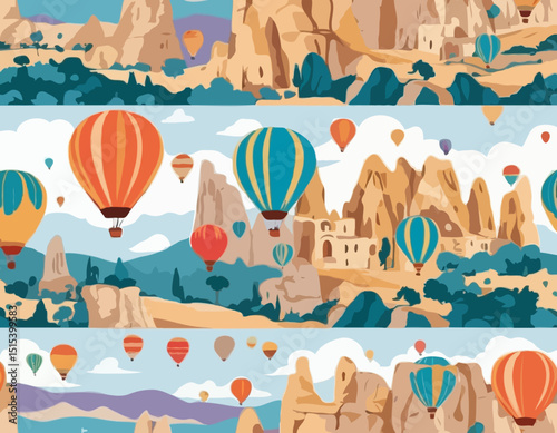 A dynamic vector scene of vibrant hot air balloons soaring over the iconic rock formations of Cappadocia, ideal for tourism, travel, or outdoor adventure concepts.
