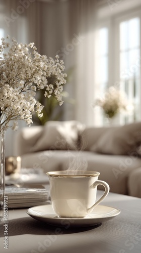 Cozy Cafe Setting With Steaming Cup and Fresh Flowers in Elegant Interior