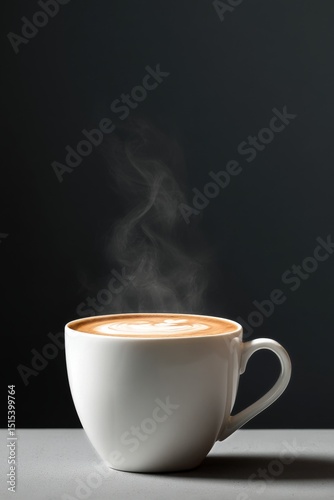 Hot Coffee Steaming in a White Cup Against a Dark Background in an Artistic P...