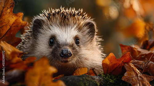 A small, curious hedgehog peeking out from behind a pile of autumn leaves, its tiny eyes darting around in the soft light of a fall afternoon.