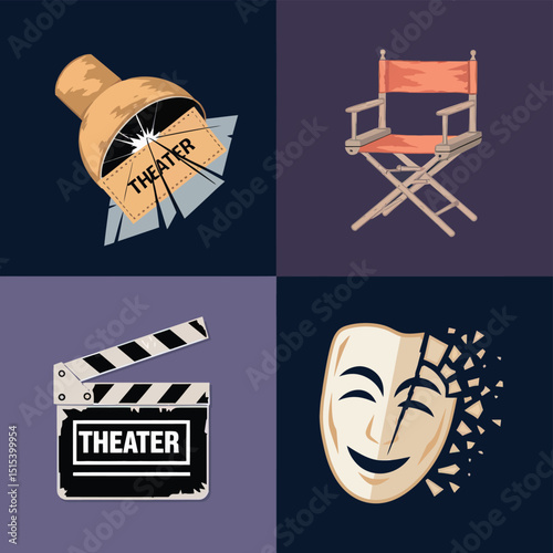 vector icons for cinema, Director's Chair , theatrical roles, video tape, cinema shattered spotlight, Theater Ticket
