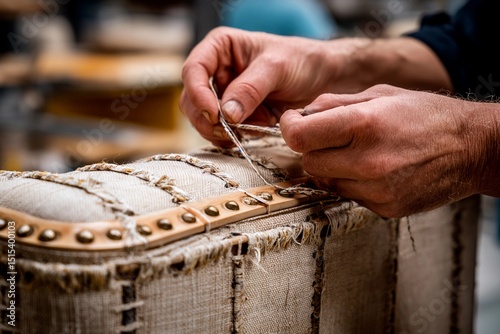 An artisan is meticulously sewing upholstery fabric onto a wooden frame in a well-lit workshop. The hands show dexterity as they work with tools and materials, reflecting craftsmanship