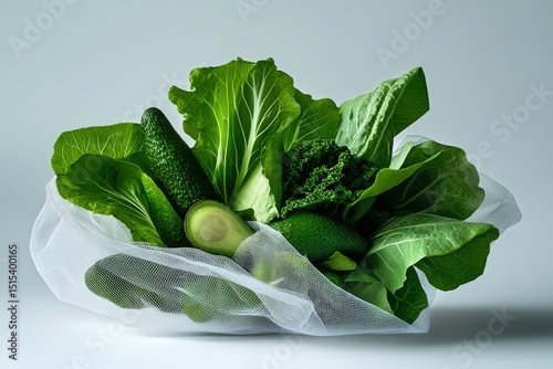 Fresh Avocados and Spinach in a Mesh Bag on a Simple White Background