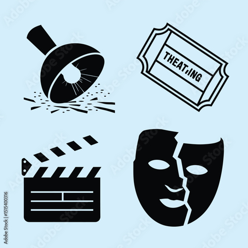 vector icons for cinema, Director's Chair , theatrical roles, video tape, cinema shattered spotlight, Theater Ticket

