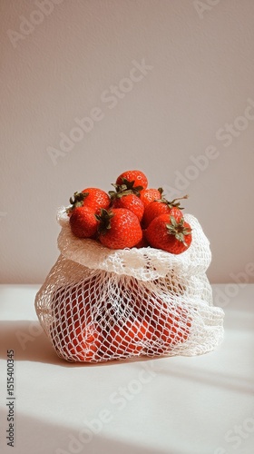 Fresh Strawberries in a Breathable Mesh Bag Sitting on a Wooden Surface in Na...