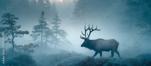 A solitary elk walking through the misty forest at dawn, its antlers towering above the trees as it moves through the fog.
