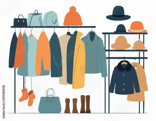 Winter clothes on racks. Fashion warm apparel on hanger. Wardrobe storage. Clothing assortment rail. Secondhand casual garments. Coats at shelving. Hats and boots. Garish