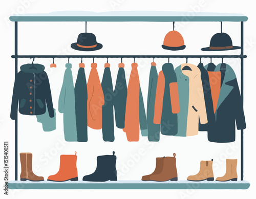Winter clothes on racks. Fashion warm apparel on hanger. Wardrobe storage. Clothing assortment rail. Secondhand casual garments. Coats at shelving. Hats and boots. Garish