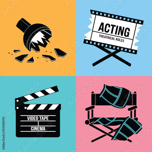 vector icons for cinema, Director's Chair , theatrical roles, video tape, cinema shattered spotlight, Theater Ticket
