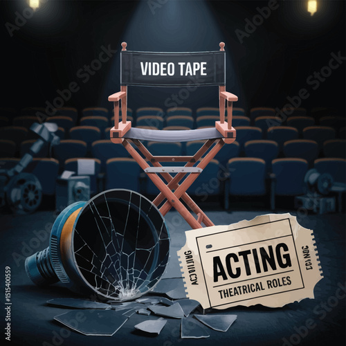 vector icons for cinema, Director's Chair , theatrical roles, video tape, cinema shattered spotlight, Theater Ticket
