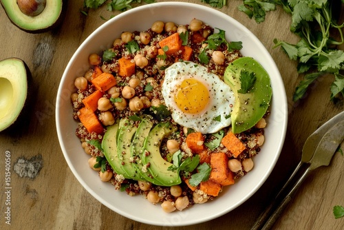Healthy Quinoa Bowl With Vegetables and Fried Egg Served on a Wooden Table