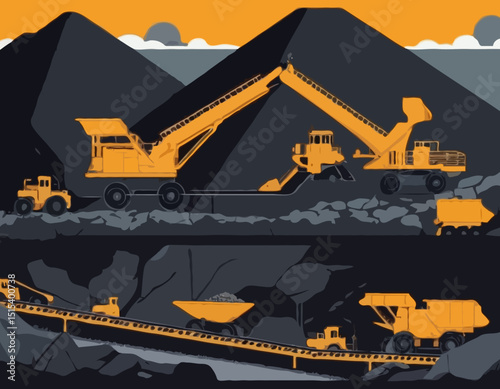 Coal Mining Operation with Conveyor Belts and Mining Equipment, Suitable for Educational Materials and Industry Analysis Reports.